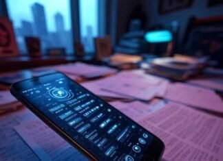 Top Apps That Hide Other Apps – Stay Discreet "Tilted phone on a cluttered Seattle desk, displaying a glitchy vault app in neon shadows, hinting at digital secrecy."