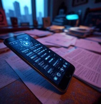 Top Apps That Hide Other Apps – Stay Discreet "Tilted phone on a cluttered Seattle desk, displaying a glitchy vault app in neon shadows, hinting at digital secrecy."