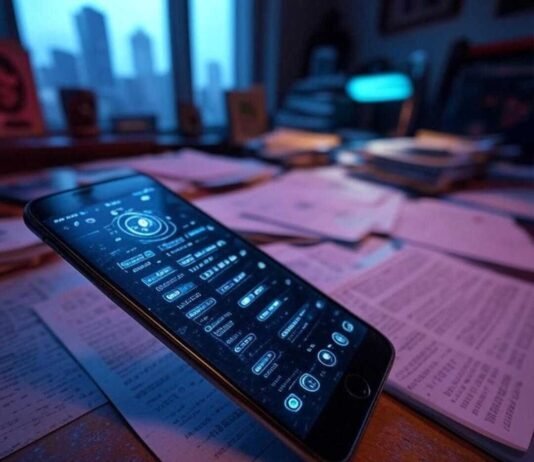 Top Apps That Hide Other Apps – Stay Discreet "Tilted phone on a cluttered Seattle desk, displaying a glitchy vault app in neon shadows, hinting at digital secrecy."