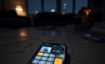 Vault Apps That Look Like Calculators – And Actually Work Alt text: "Cracked phone with a glitching calculator app revealing blurry pics, angled low from a Brooklyn couch at night."