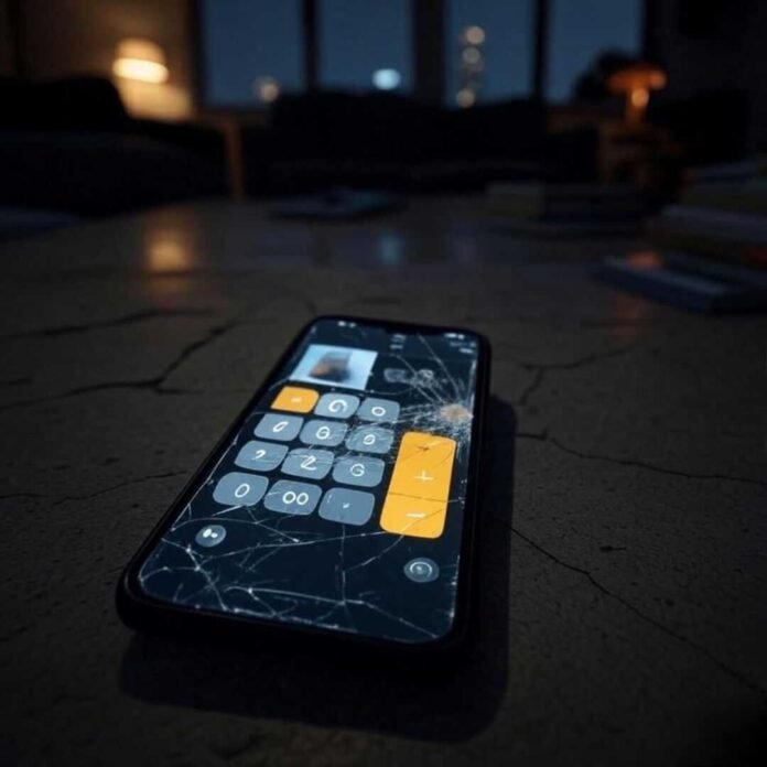 Alt text: "Cracked phone with a glitching calculator app revealing blurry pics, angled low from a Brooklyn couch at night."