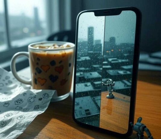 Best AI Photo Enhancer Apps: Instantly Upgrade Your Pics Like a Pro A smartphone on a rickety wooden desk displays a split-screen of a blurry, rain-smeared Seattle skyline selfie transforming into a sharp, vibrant shot. A half-spilled iced coffee mug with a wonky shadow and a crumpled napkin with doodled pixel hearts sit nearby. A tiny cartoon robot arm emerges from the phone's port, giving a thumbs-up, blending muted teal grays with electric orange highlights in a wryly humorous, slightly blurred photorealistic style.