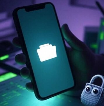 Secure Gallery Lock Apps: Your Fortress for Private Photos & Videos A slightly blurred phone on a cluttered desk, screen glowing with a locked folder icon, a shaky hand's shadow looming over it, and a goofy cartoon padlock with googly eyes in the corner, set in muted purples and grays with neon green accents.