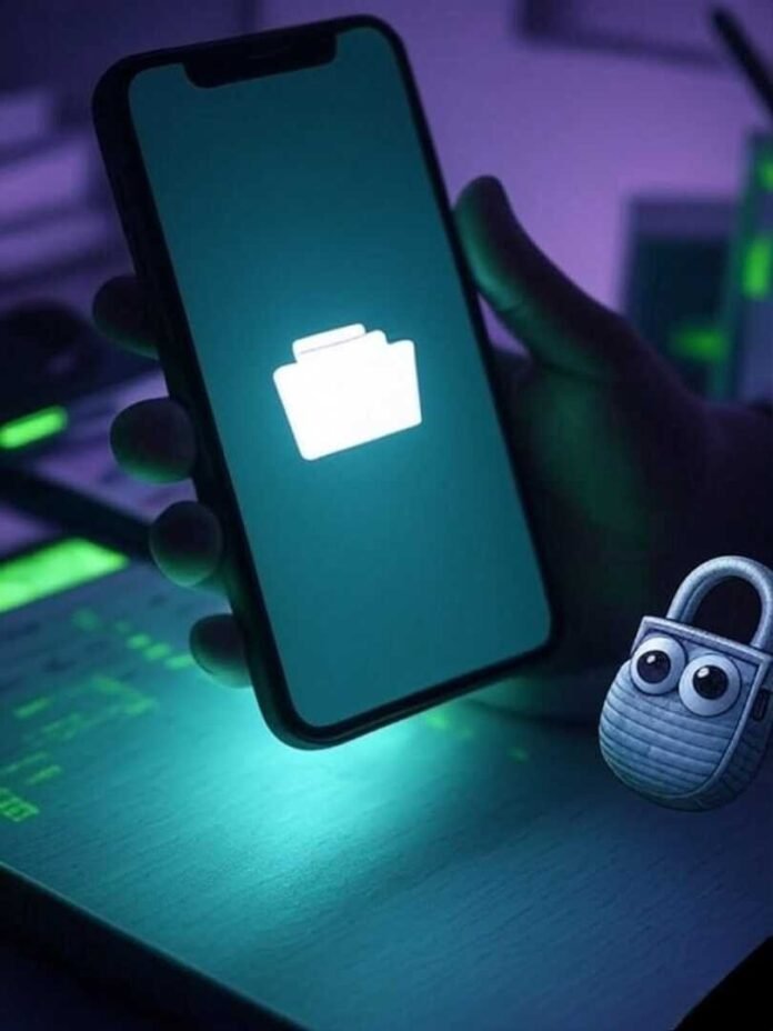 A slightly blurred phone on a cluttered desk, screen glowing with a locked folder icon, a shaky hand's shadow looming over it, and a goofy cartoon padlock with googly eyes in the corner, set in muted purples and grays with neon green accents.