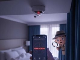 Best Hidden Camera Detector Apps You Can Trust: Your Digital Shield A photorealistic image of a dimly lit hotel room. A hand holds a smartphone showing a "threat detected" message from a hidden camera app. A faint red LED light from a smoke detector reflects on the screen, and a cartoonish spy peeks from behind a curtain. The color palette is muted purples and blues with neon red highlights.
