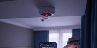 Best Hidden Camera Detector Apps You Can Trust: Your Digital Shield A photorealistic image of a dimly lit hotel room. A hand holds a smartphone showing a "threat detected" message from a hidden camera app. A faint red LED light from a smoke detector reflects on the screen, and a cartoonish spy peeks from behind a curtain. The color palette is muted purples and blues with neon red highlights.