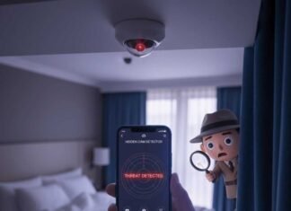 Best Hidden Camera Detector Apps You Can Trust: Your Digital Shield A photorealistic image of a dimly lit hotel room. A hand holds a smartphone showing a "threat detected" message from a hidden camera app. A faint red LED light from a smoke detector reflects on the screen, and a cartoonish spy peeks from behind a curtain. The color palette is muted purples and blues with neon red highlights.