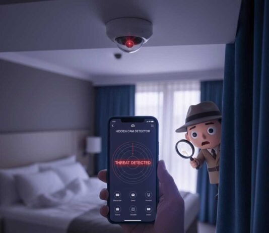 Best Hidden Camera Detector Apps You Can Trust: Your Digital Shield A photorealistic image of a dimly lit hotel room. A hand holds a smartphone showing a "threat detected" message from a hidden camera app. A faint red LED light from a smoke detector reflects on the screen, and a cartoonish spy peeks from behind a curtain. The color palette is muted purples and blues with neon red highlights.
