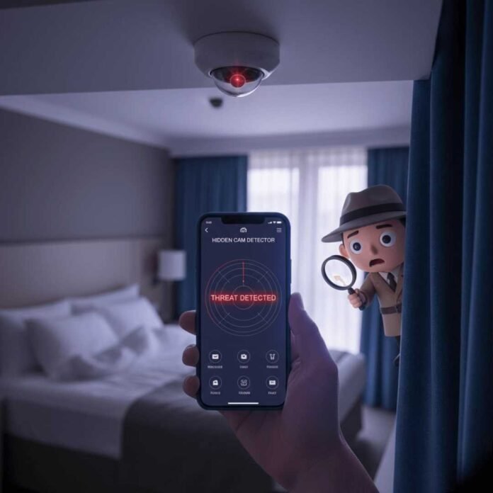 A photorealistic image of a dimly lit hotel room. A hand holds a smartphone showing a "threat detected" message from a hidden camera app. A faint red LED light from a smoke detector reflects on the screen, and a cartoonish spy peeks from behind a curtain. The color palette is muted purples and blues with neon red highlights.