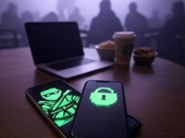 Private Browser Apps: Browse Without Leaving a Trace Cluttered Starbucks table with laptop, smartphone displaying a glowing padlock, faint digital footprint fading into misty purple-gray background, and a neon-green pixelated ninja sneaking across the screen.