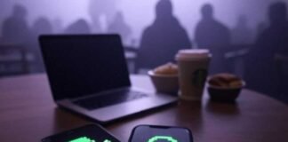 Private Browser Apps: Browse Without Leaving a Trace Cluttered Starbucks table with laptop, smartphone displaying a glowing padlock, faint digital footprint fading into misty purple-gray background, and a neon-green pixelated ninja sneaking across the screen.