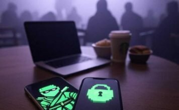 Private Browser Apps: Browse Without Leaving a Trace Cluttered Starbucks table with laptop, smartphone displaying a glowing padlock, faint digital footprint fading into misty purple-gray background, and a neon-green pixelated ninja sneaking across the screen.