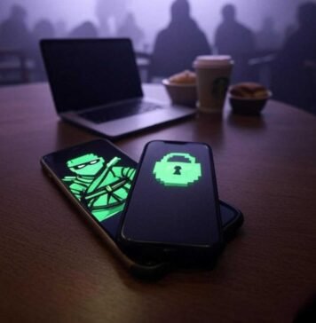 Private Browser Apps: Browse Without Leaving a Trace Cluttered Starbucks table with laptop, smartphone displaying a glowing padlock, faint digital footprint fading into misty purple-gray background, and a neon-green pixelated ninja sneaking across the screen.
