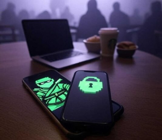 Private Browser Apps: Browse Without Leaving a Trace Cluttered Starbucks table with laptop, smartphone displaying a glowing padlock, faint digital footprint fading into misty purple-gray background, and a neon-green pixelated ninja sneaking across the screen.