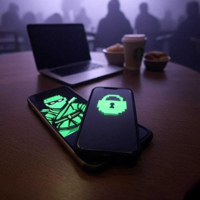 Cluttered Starbucks table with laptop, smartphone displaying a glowing padlock, faint digital footprint fading into misty purple-gray background, and a neon-green pixelated ninja sneaking across the screen. Cluttered Starbucks table with laptop, smartphone displaying a glowing padlock, faint digital footprint fading into misty purple-gray background, and a neon-green pixelated ninja sneaking across the screen.