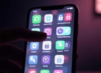 Fake Icons: The Clever Way to Hide Sensitive Content on Your Phone A slightly blurred phone screen with fake and real app icons, a nervous hand shadow, and tiny pixelated padlocks, featuring a muted neon palette of pinks, greens, and purples on a dark charcoal background, evoking a secretive yet hopeful vibe in a dimly lit coffee shop.