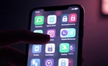 Fake Icons: The Clever Way to Hide Sensitive Content on Your Phone A slightly blurred phone screen with fake and real app icons, a nervous hand shadow, and tiny pixelated padlocks, featuring a muted neon palette of pinks, greens, and purples on a dark charcoal background, evoking a secretive yet hopeful vibe in a dimly lit coffee shop.