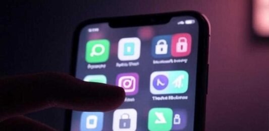 Fake Icons: The Clever Way to Hide Sensitive Content on Your Phone A slightly blurred phone screen with fake and real app icons, a nervous hand shadow, and tiny pixelated padlocks, featuring a muted neon palette of pinks, greens, and purples on a dark charcoal background, evoking a secretive yet hopeful vibe in a dimly lit coffee shop.