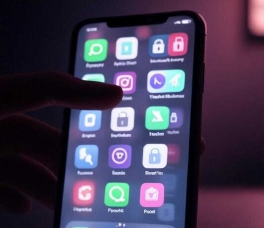 Fake Icons: The Clever Way to Hide Sensitive Content on Your Phone A slightly blurred phone screen with fake and real app icons, a nervous hand shadow, and tiny pixelated padlocks, featuring a muted neon palette of pinks, greens, and purples on a dark charcoal background, evoking a secretive yet hopeful vibe in a dimly lit coffee shop.