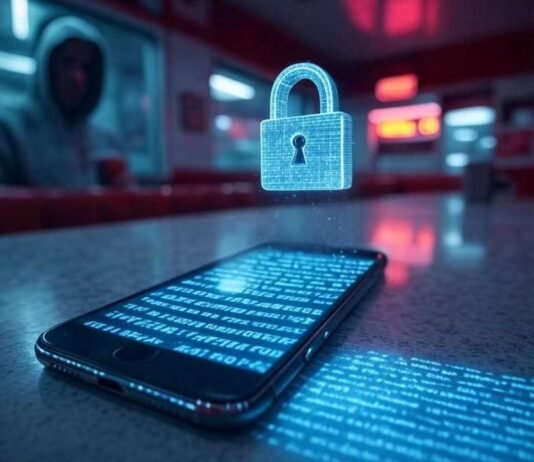 Keep Your Messages Private With These Top-Rated Apps A dimly lit Brooklyn diner scene with a phone displaying glowing encrypted text, a holographic padlock hovering above, neon fingerprints on the edge, and a blurry hoodie figure reflected in the window.