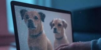 Upscale Low-Quality Images Using AI – No Photoshop Needed! Close-up of a laptop screen with a split view: a blurry pixelated dog photo on one side, a crisp AI-enhanced version on the other. A hand with chip crumbs on the sleeve hovers nervously over the mouse, set against a muted neon palette with pixel sparkles.