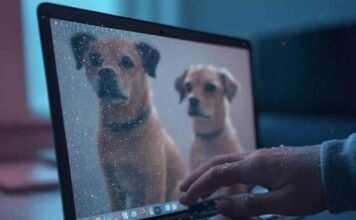 Upscale Low-Quality Images Using AI – No Photoshop Needed! Close-up of a laptop screen with a split view: a blurry pixelated dog photo on one side, a crisp AI-enhanced version on the other. A hand with chip crumbs on the sleeve hovers nervously over the mouse, set against a muted neon palette with pixel sparkles.