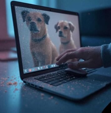 Upscale Low-Quality Images Using AI – No Photoshop Needed! Close-up of a laptop screen with a split view: a blurry pixelated dog photo on one side, a crisp AI-enhanced version on the other. A hand with chip crumbs on the sleeve hovers nervously over the mouse, set against a muted neon palette with pixel sparkles.
