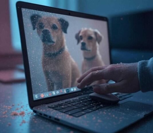 Upscale Low-Quality Images Using AI – No Photoshop Needed! Close-up of a laptop screen with a split view: a blurry pixelated dog photo on one side, a crisp AI-enhanced version on the other. A hand with chip crumbs on the sleeve hovers nervously over the mouse, set against a muted neon palette with pixel sparkles.