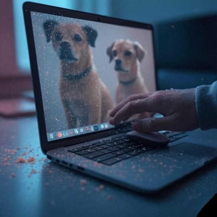 Close-up of a laptop screen with a split view: a blurry pixelated dog photo on one side, a crisp AI-enhanced version on the other. A hand with chip crumbs on the sleeve hovers nervously over the mouse, set against a muted neon palette with pixel sparkles. Close-up of a laptop screen with a split view: a blurry pixelated dog photo on one side, a crisp AI-enhanced version on the other. A hand with chip crumbs on the sleeve hovers nervously over the mouse, set against a muted neon palette with pixel sparkles.