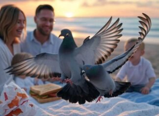 Erase Unwanted Objects From Photos With These Magic Apps Alt Text: A slightly blurred photorealistic image of a family picnic on a sunset beach, disrupted by a rogue pigeon mid-flap stealing a sandwich, with a faded tattoo of an ex's initials on a sleeve and a crumpled fast-food wrapper tumbling across the sand, featuring glitchy digital artifacts.