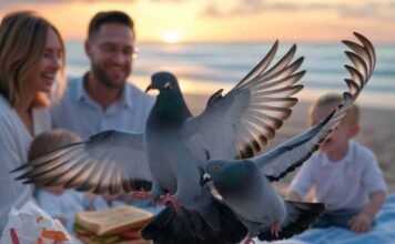 Erase Unwanted Objects From Photos With These Magic Apps Alt Text: A slightly blurred photorealistic image of a family picnic on a sunset beach, disrupted by a rogue pigeon mid-flap stealing a sandwich, with a faded tattoo of an ex's initials on a sleeve and a crumpled fast-food wrapper tumbling across the sand, featuring glitchy digital artifacts.