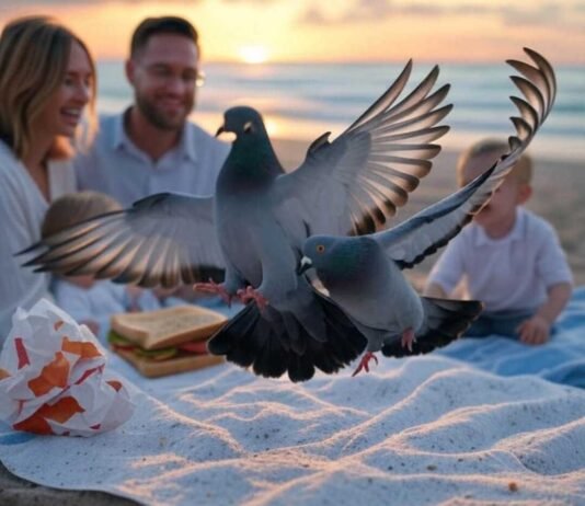 Erase Unwanted Objects From Photos With These Magic Apps Alt Text: A slightly blurred photorealistic image of a family picnic on a sunset beach, disrupted by a rogue pigeon mid-flap stealing a sandwich, with a faded tattoo of an ex's initials on a sleeve and a crumpled fast-food wrapper tumbling across the sand, featuring glitchy digital artifacts.