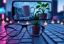 Best AI Video Editor Apps in 2025 (No Skills Needed) A surreal, slightly blurred image with glitch art overlays featuring a floating smartphone displaying a dancing coffee mug and whispering houseplant, oversized glasses on a keyboard, and pixelated thumbs-up emojis raining from a cloud, all in neon pink and electric blue tones against a desaturated gray background.