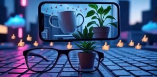 Best AI Video Editor Apps in 2025 (No Skills Needed) A surreal, slightly blurred image with glitch art overlays featuring a floating smartphone displaying a dancing coffee mug and whispering houseplant, oversized glasses on a keyboard, and pixelated thumbs-up emojis raining from a cloud, all in neon pink and electric blue tones against a desaturated gray background.