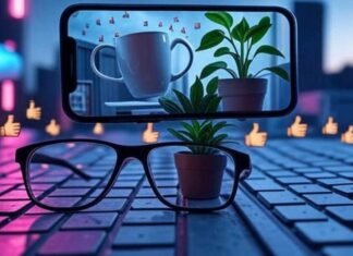 Best AI Video Editor Apps in 2025 (No Skills Needed) A surreal, slightly blurred image with glitch art overlays featuring a floating smartphone displaying a dancing coffee mug and whispering houseplant, oversized glasses on a keyboard, and pixelated thumbs-up emojis raining from a cloud, all in neon pink and electric blue tones against a desaturated gray background.