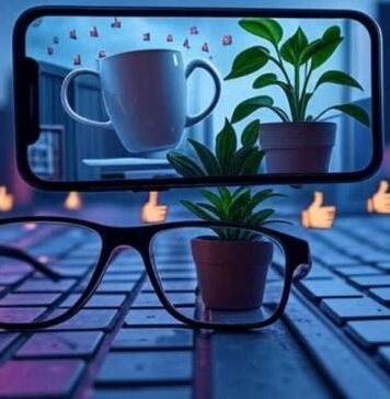 Best AI Video Editor Apps in 2025 (No Skills Needed) A surreal, slightly blurred image with glitch art overlays featuring a floating smartphone displaying a dancing coffee mug and whispering houseplant, oversized glasses on a keyboard, and pixelated thumbs-up emojis raining from a cloud, all in neon pink and electric blue tones against a desaturated gray background.