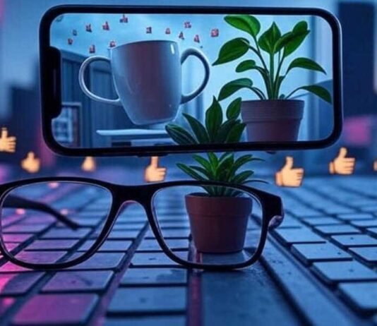 Best AI Video Editor Apps in 2025 (No Skills Needed) A surreal, slightly blurred image with glitch art overlays featuring a floating smartphone displaying a dancing coffee mug and whispering houseplant, oversized glasses on a keyboard, and pixelated thumbs-up emojis raining from a cloud, all in neon pink and electric blue tones against a desaturated gray background.