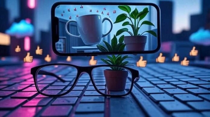 A surreal, slightly blurred image with glitch art overlays featuring a floating smartphone displaying a dancing coffee mug and whispering houseplant, oversized glasses on a keyboard, and pixelated thumbs-up emojis raining from a cloud, all in neon pink and electric blue tones against a desaturated gray background.