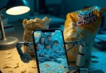 AI Video Enhancer Apps That Improve Quality Instantly A glitchy smartphone on a cluttered desk, its screen transforming pixelated family footage into sharp clarity with tiny AI robot hands fixing pixels like surgeons; stale chips spill from a bag, a flickering lamp casts shadows over cold coffee, in desaturated teal, mustard yellow, and neon green tones evoking wry late-night relief.