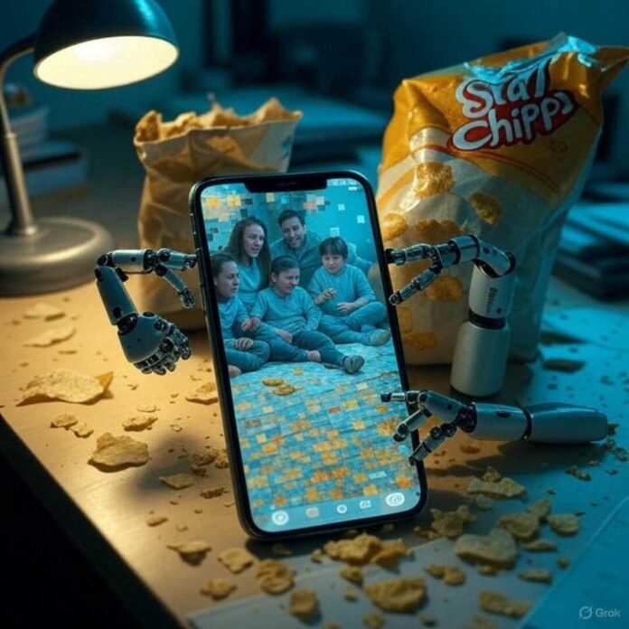 A glitchy smartphone on a cluttered desk, its screen transforming pixelated family footage into sharp clarity with tiny AI robot hands fixing pixels like surgeons; stale chips spill from a bag, a flickering lamp casts shadows over cold coffee, in desaturated teal, mustard yellow, and neon green tones evoking wry late-night relief.