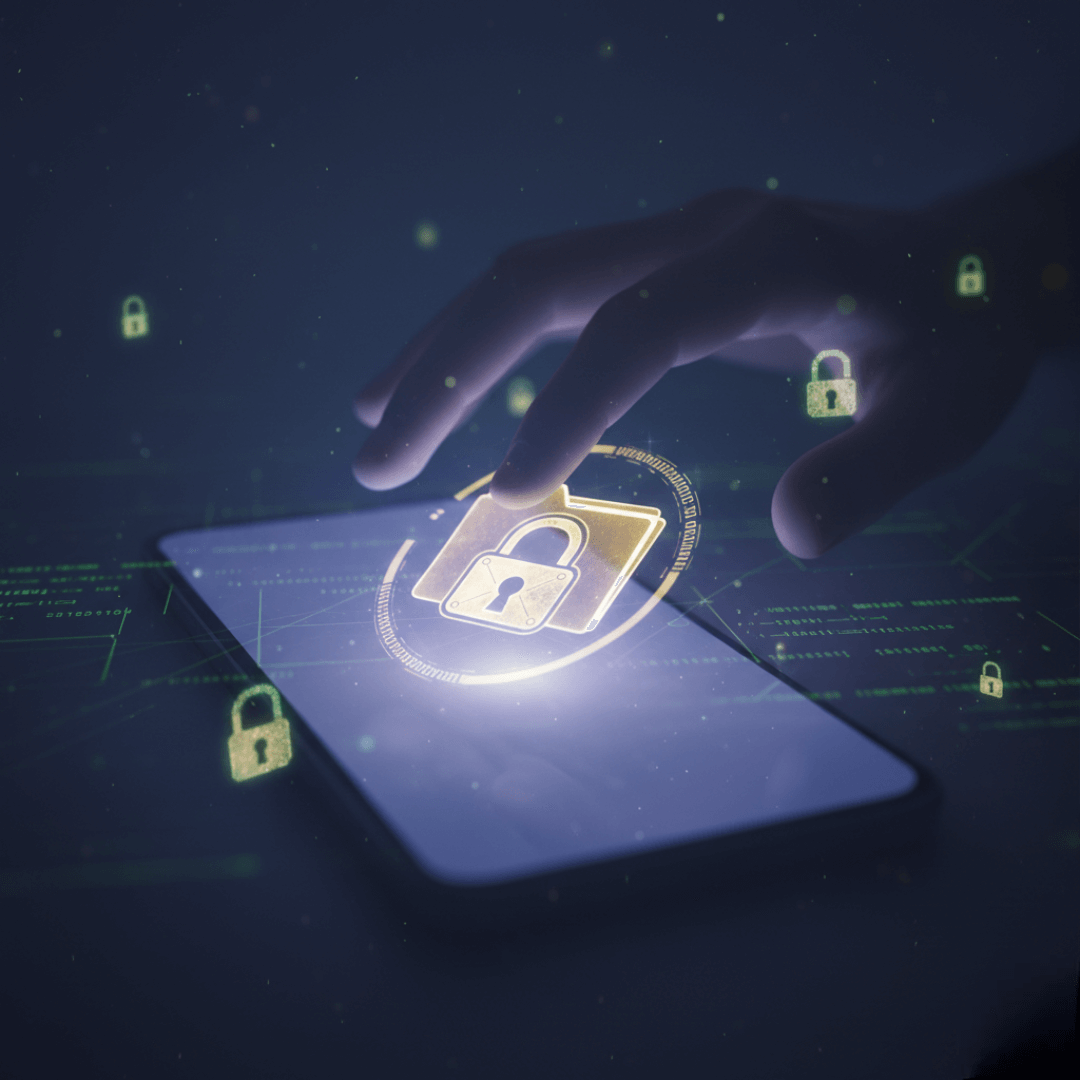 Invisible Folder Apps: The Secret to Keeping Your Files Safe A close-up, glowing image of a hand hovering over a locked folder icon on a smartphone screen, with faint binary code in the background and floating, pixelated padlocks.