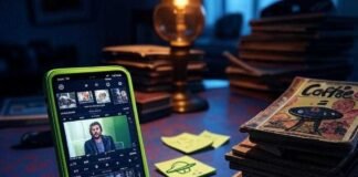 Remove Backgrounds From Videos Using These Smart Apps A slightly blurry close-up of a messy indigo Brooklyn desk: a phone propped on old comic books glows with an electric lime green video editing app mid-background removal; nearby, a chipped "Coffee = Life" mug, crumpled sticky notes including a neon-green UFO doodle, and amber light from a flickering lamp.