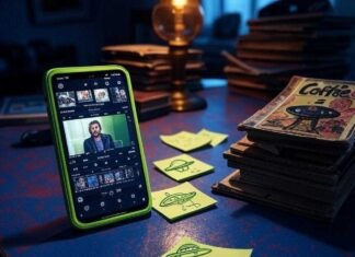 Remove Backgrounds From Videos Using These Smart Apps A slightly blurry close-up of a messy indigo Brooklyn desk: a phone propped on old comic books glows with an electric lime green video editing app mid-background removal; nearby, a chipped "Coffee = Life" mug, crumpled sticky notes including a neon-green UFO doodle, and amber light from a flickering lamp.