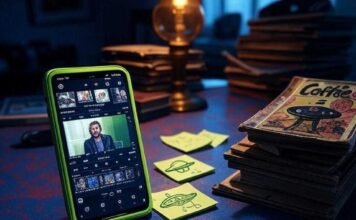 Remove Backgrounds From Videos Using These Smart Apps A slightly blurry close-up of a messy indigo Brooklyn desk: a phone propped on old comic books glows with an electric lime green video editing app mid-background removal; nearby, a chipped "Coffee = Life" mug, crumpled sticky notes including a neon-green UFO doodle, and amber light from a flickering lamp.