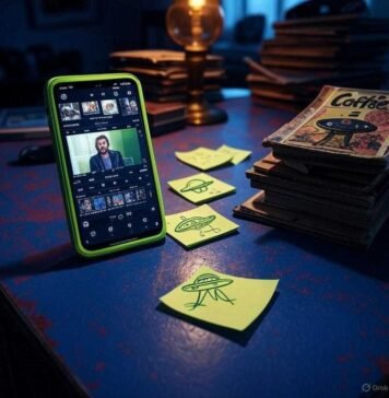 Remove Backgrounds From Videos Using These Smart Apps A slightly blurry close-up of a messy indigo Brooklyn desk: a phone propped on old comic books glows with an electric lime green video editing app mid-background removal; nearby, a chipped "Coffee = Life" mug, crumpled sticky notes including a neon-green UFO doodle, and amber light from a flickering lamp.