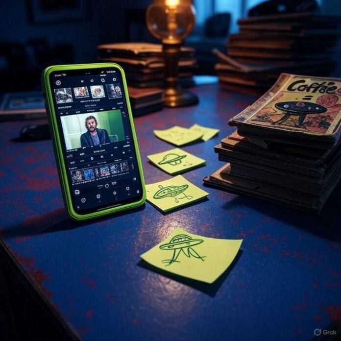 A slightly blurry close-up of a messy indigo Brooklyn desk: a phone propped on old comic books glows with an electric lime green video editing app mid-background removal; nearby, a chipped "Coffee = Life" mug, crumpled sticky notes including a neon-green UFO doodle, and amber light from a flickering lamp.