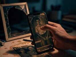 Restore Old Photos With Just One Tap – Top AI Tools A shaky hand holds a phone over a cluttered desk with coffee stains and pens, capturing a faded sepia photo vibrantizing into emerald and sapphire hues, beside a cracked frame and glowing AI interface in a bittersweet, photorealistic vibe.