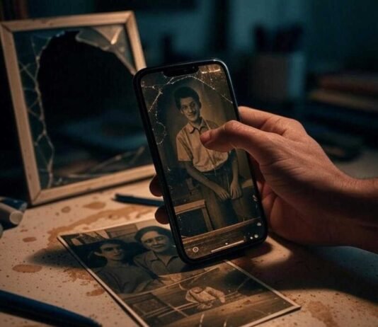 Restore Old Photos With Just One Tap – Top AI Tools A shaky hand holds a phone over a cluttered desk with coffee stains and pens, capturing a faded sepia photo vibrantizing into emerald and sapphire hues, beside a cracked frame and glowing AI interface in a bittersweet, photorealistic vibe.