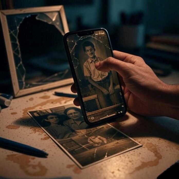 A shaky hand holds a phone over a cluttered desk with coffee stains and pens, capturing a faded sepia photo vibrantizing into emerald and sapphire hues, beside a cracked frame and glowing AI interface in a bittersweet, photorealistic vibe. A shaky hand holds a phone over a cluttered desk with coffee stains and pens, capturing a faded sepia photo vibrantizing into emerald and sapphire hues, beside a cracked frame and glowing AI interface in a bittersweet, photorealistic vibe.