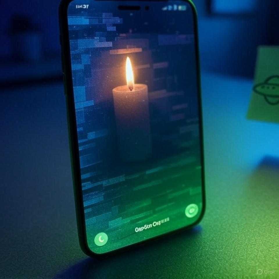 A shaky close-up of an iPhone screen on CapCut displaying a candle video with a glitchy, half-removed background, a neon-green UFO doodle on a sticky note peeking in, set against an indigo desk with an electric lime green screen, exuding a wryly humorous tone.